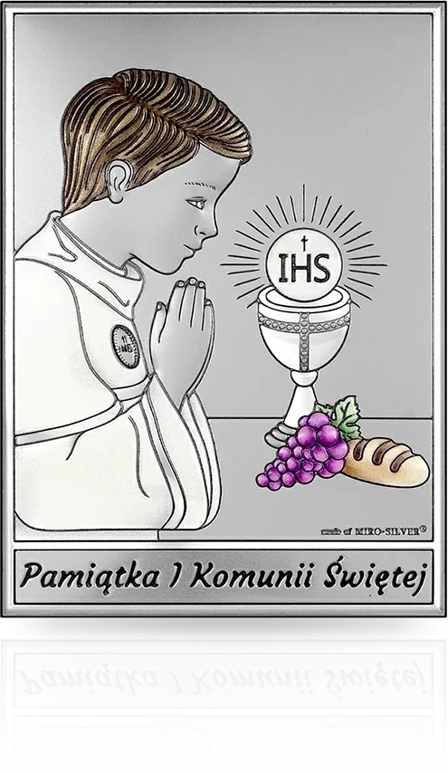 Obrazek na Komunię z chłopcem: pamiątkowy obrazek srebrny - Beltrami