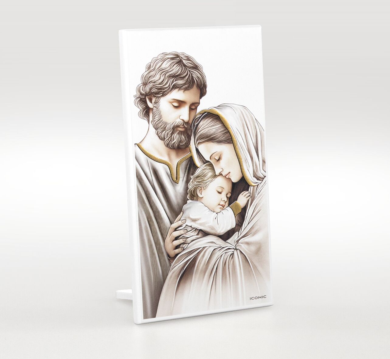 Obrazek Święta Rodzina naniesiony na białym drewnie