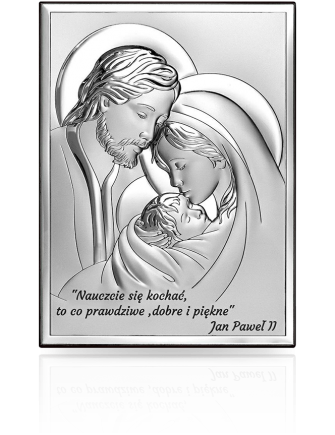 Obraz srebrny Św. Rodzina z cytatem Pamiątka ślubu i rocznicy z grawerem Beltrami 6665S