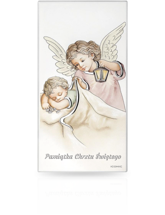 Obrazek z Aniołkiem na drewnie Pamiątka Chrztu dla dziewczynki z grawerem Iconic IC105S