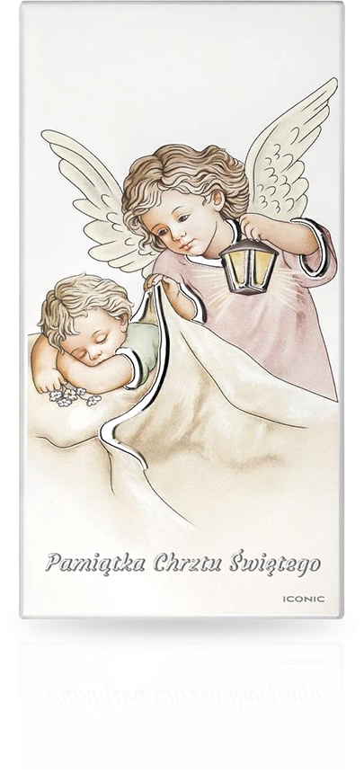Obrazek z Aniołkiem na drewnie: Pamiątka Chrztu dla dziewczynki - Iconic