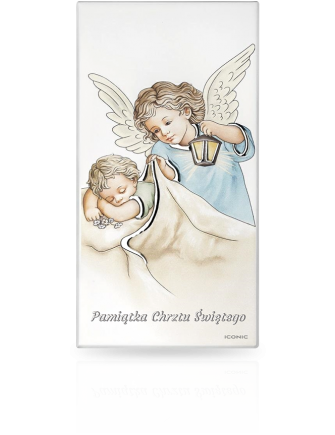 Obrazek z Aniołkiem na drewnie Pamiątka Chrztu dla chłopca z grawerem Iconic IC105S