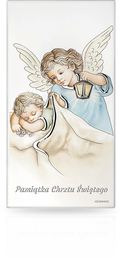 Obrazek z Aniołkiem na drewnie: Pamiątka Chrztu dla chłopca - Iconic