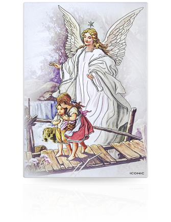 Obrazek Anioł Stróż na drewnie Pamiątka Chrztu lub Roczku z grawerem Iconic IC110