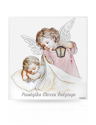 Obrazek z Aniołkiem na drewnie Pamiątka Chrztu dla dziewczynki z grawerem Iconic IC119