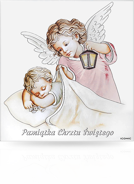 Obrazek z Aniołkiem na drewnie: Pamiątka Chrztu dla dziewczynki - Iconic