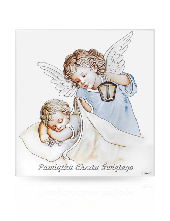 Obrazek z Aniołkiem na drewnie Pamiątka Chrztu dla chłopca z grawerem Iconic IC119