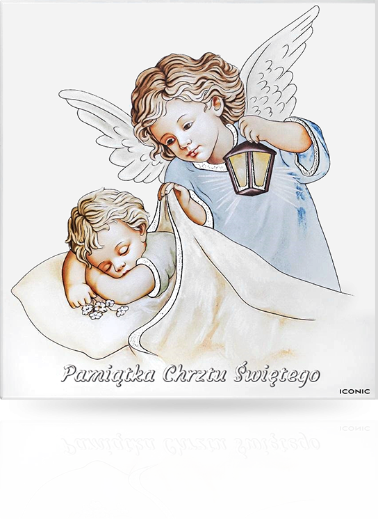 Obrazek z Aniołkiem na drewnie: Pamiątka Chrztu dla chłopca - Iconic