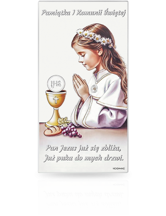 Obrazek na Komunię dla dziewczynki Malowany na drewnie z grawerem Iconic IC129