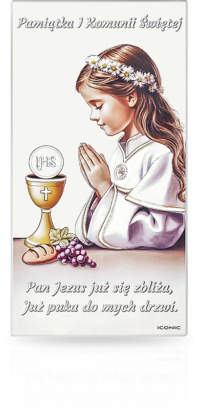 Obrazek na Komunię dla dziewczynki: malowany na drewnie - Iconic