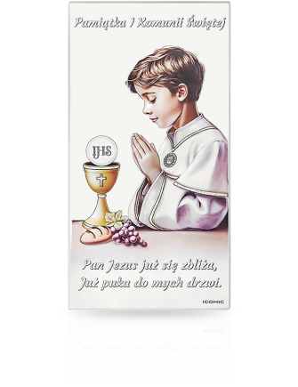 Obrazek na Komunię dla chłopca Malowany na drewnie z grawerem Iconic IC129