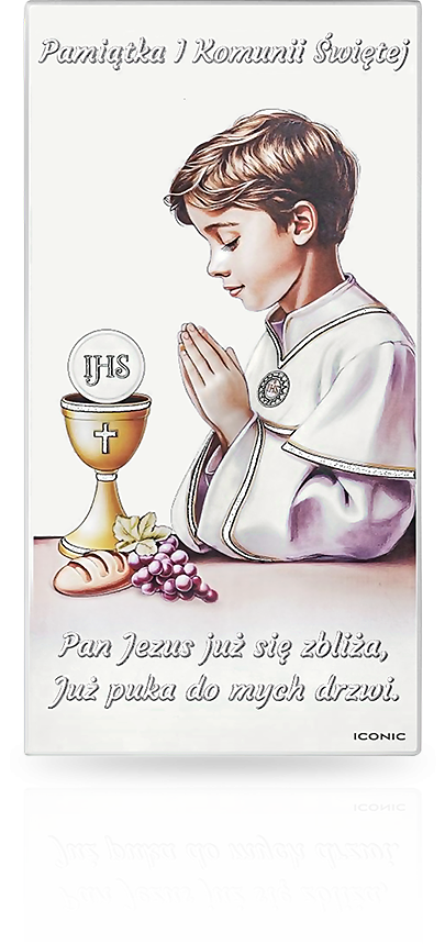 Obrazek na Komunię dla chłopca: malowany na drewnie - Iconic