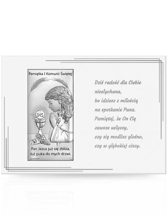 Obrazek na komunię dla dziewczynki Pamiątka na białym drewnie z grawerem Beltrami 6717K