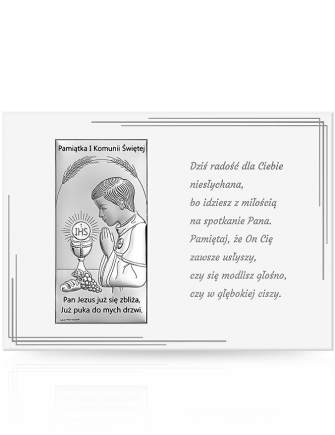 Obrazek na komunię dla chłopca Pamiątka na białym drewnie z grawerem Beltrami 6717K