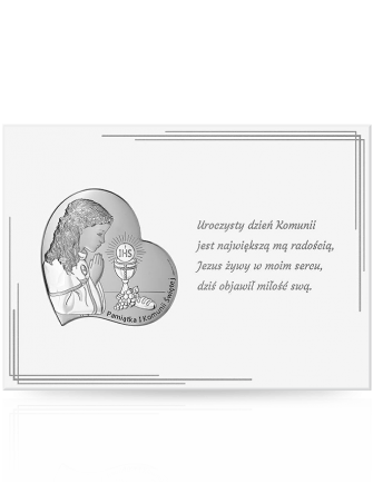 Obrazek na komunię dla dziewczynki Pamiątka na białym drewnie z grawerem Beltrami 6746K