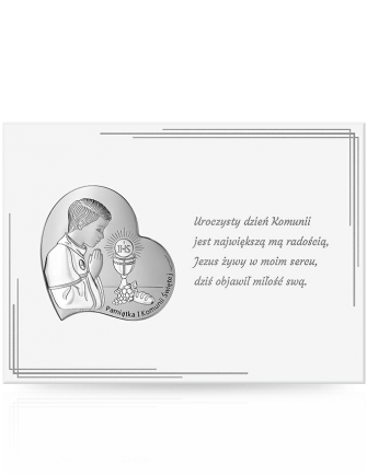 Obrazek na komunię dla chłopca Pamiątka na białym drewnie z grawerem Beltrami 6747K
