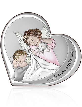 Malowany aniołek w sercu Obrazek srebrny dla dziewczynki z grawerem Beltrami 6777