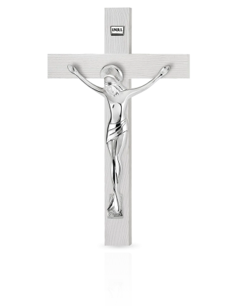 Biały krzyż ze srebrnym Jezusem Pokryty srebrem Valenti R18293