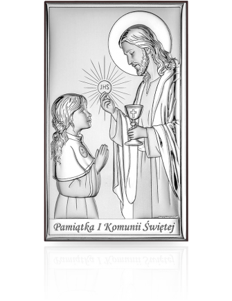 Obrazek na komunię dla dziewczynki Srebrna pamiątka komunijna z grawerem Beltrami 6849