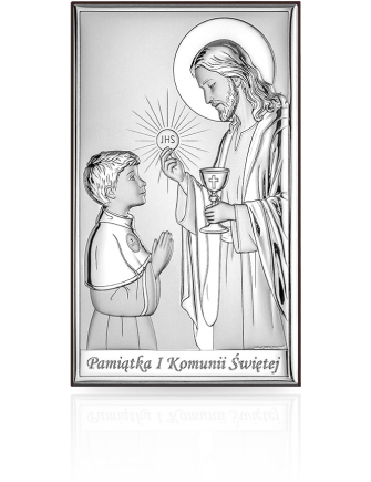 Obrazek na komunię dla chłopca Srebrna pamiątka komunijna z grawerem Beltrami 6849
