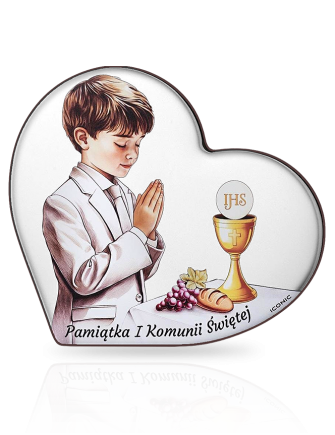 Obrazek na Komunię dla chłopca Aluminium na drewnie z grawerem Iconic IC028