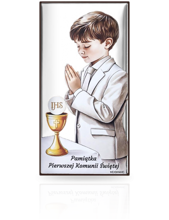 Obrazek na Komunię dla chłopca Aluminium na drewnie z grawerem Iconic IC007
