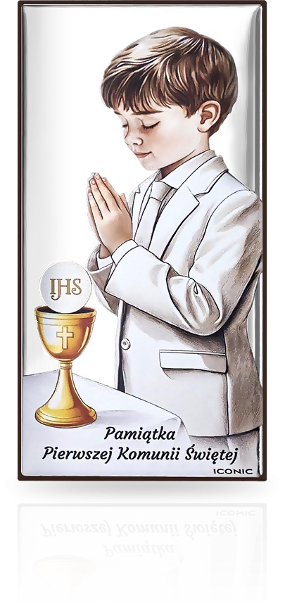 Obrazek na Komunię dla chłopca: aluminium na drewnie - Iconic