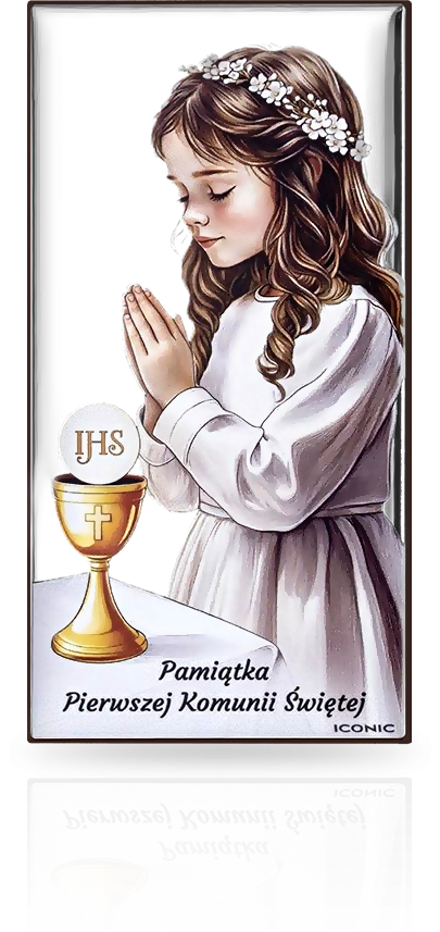 Obrazek na Komunię dla dziewczynki: aluminium na drewnie - Iconic