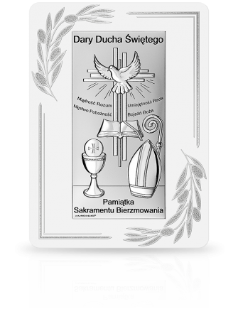 Obrazek na pamiątkę bierzmowania Obrazek srebrny na białym drewnie z grawerem Beltrami 6719OP