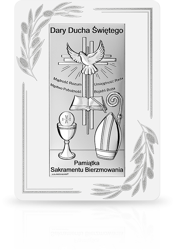 Obrazek na pamiątkę bierzmowania: obrazek srebrny na białym drewnie - Beltrami