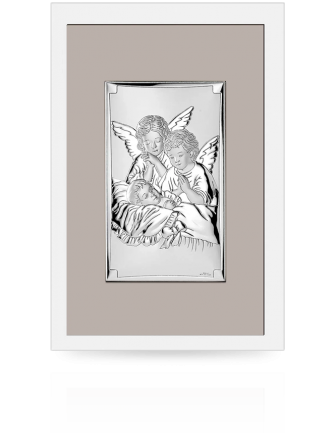 Srebrny obrazek z Aniołkami Pamiątka na chrzest lub roczek z grawerem Valenti 81490