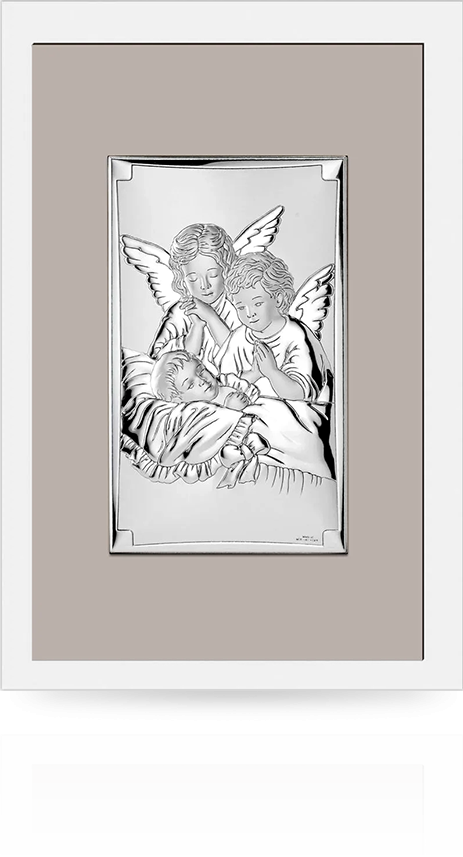Srebrny obrazek z Aniołkami: pamiątka na chrzest lub roczek - Valenti