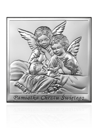 Aniołki nad dzieckiem Obrazek srebrny z aniołkiem z grawerem Beltrami 6444