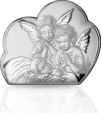 Aniołki w chmurce na Chrzest: obrazek srebrny dla dziecka - Valenti