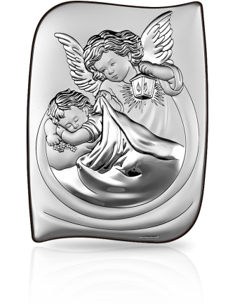 Aniołek okrywający dziecko Obrazek srebrny z grawerem Beltrami 6473