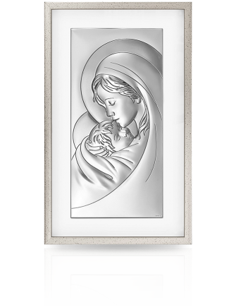 Matka Boża z dzieciątkiem Obraz srebrny w ramie za szkłem z grawerem Beltrami 6104