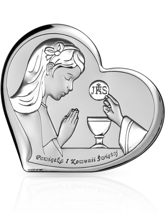 Obrazek na Komunię dla dziewczynki Obrazek srebrny serduszko z grawerem Beltrami 6517