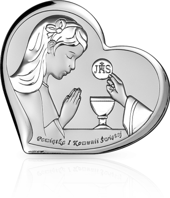 Obrazek na Komunię dla dziewczynki: obrazek srebrny serduszko - Beltrami