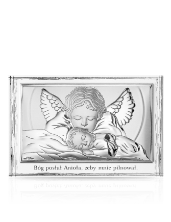 Aniołek nad dzieckiem Obrazek srebrny z aniołkiem z grawerem Valenti 81288
