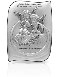 Aniołki nad dzieckiem Obrazek srebrny z grawerem Beltrami 6581s