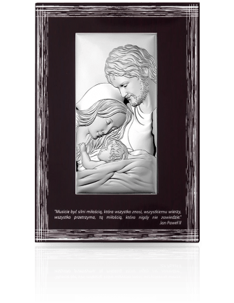 Św. Rodzina z cytatem JPII Obraz srebrny na drewnianym panelu z grawerem Valenti JAP772