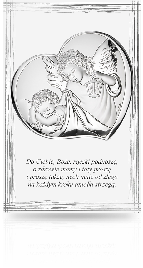 Aniołek nad dzieckiem: obrazek na białym drewnie - Valenti