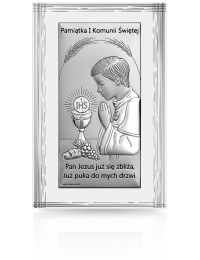 Pamiątka komunijna dla chłopca Srebrny obrazek na białym drewnie z grawerem Beltrami 6717W