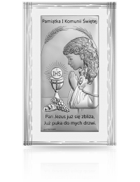Pamiątka komunijna dla dziewczynki Srebrny obrazek na białym drewnie z grawerem Beltrami 6717W