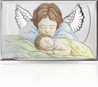 Aniołek nad dzieckiem: obrazek srebrny w kolorze - Valenti