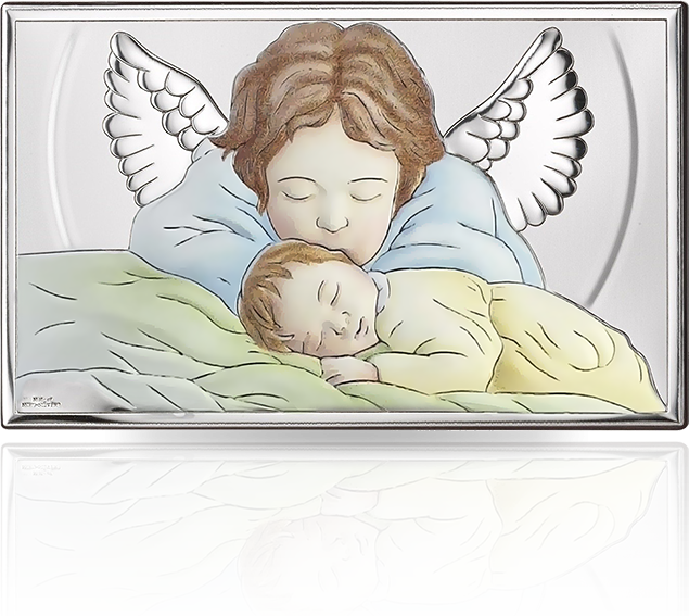 Aniołek nad dzieckiem: obrazek srebrny w kolorze - Valenti
