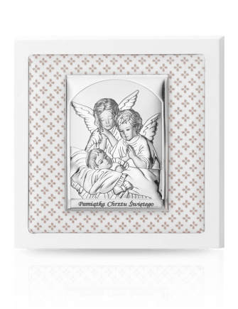 Aniołki na beżowej poduszce Obrazek srebrny z grawerem Valenti JAP 75020