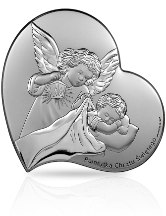 Srebrny Anioł w serduszku Prezent na Chrzest z grawerem Beltrami 6748S