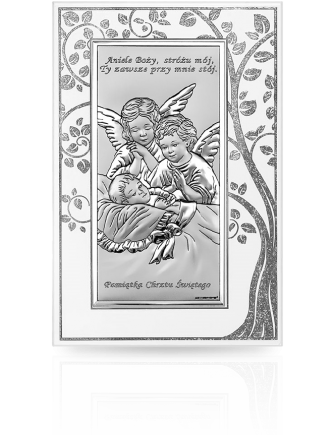 Aniołki nad dzieckiem Obrazek srebrny z aniołkiem z grawerem Beltrami 6468SP