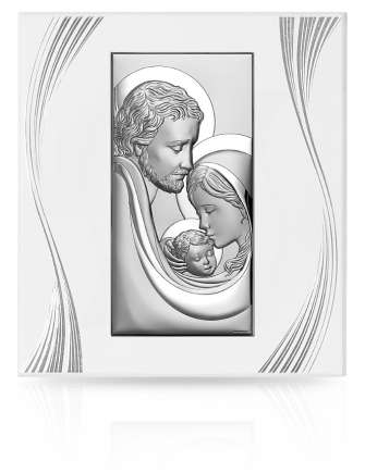 Święta Rodzina na białym panelu Obraz srebrny na Ślub i Rocznicę z grawerem Beltrami 6650FP